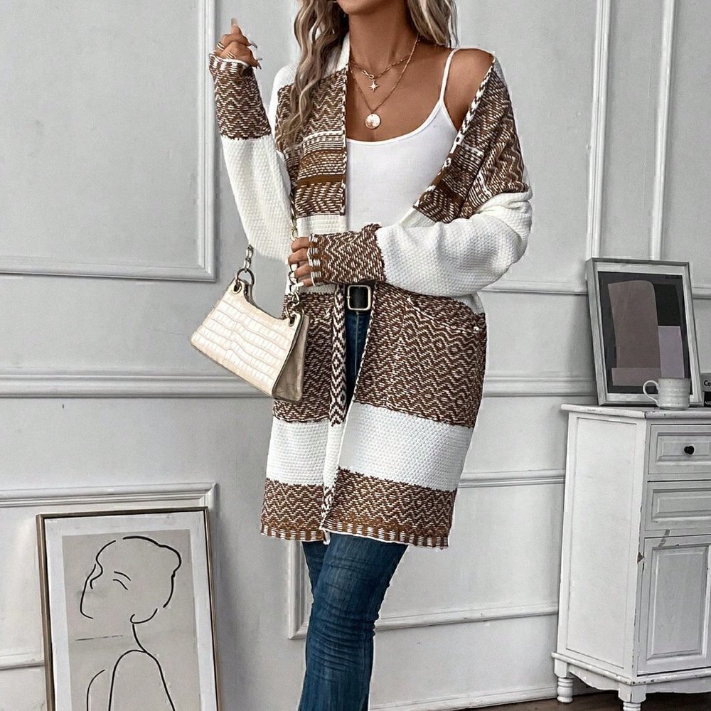 Multicolor Casual Womens Chevron Drop Shoulder Pocket Patched Duster Cardigan